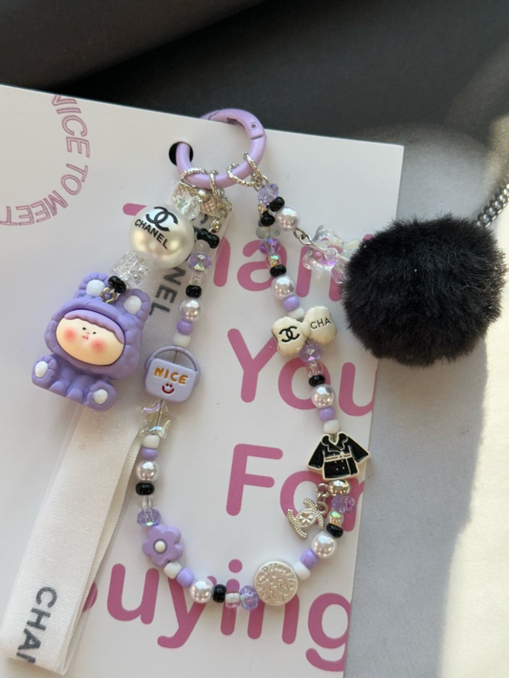 Authentic CHANEL Ribbon with Unbranded Lavender Beaded Lanyard Bag Charm